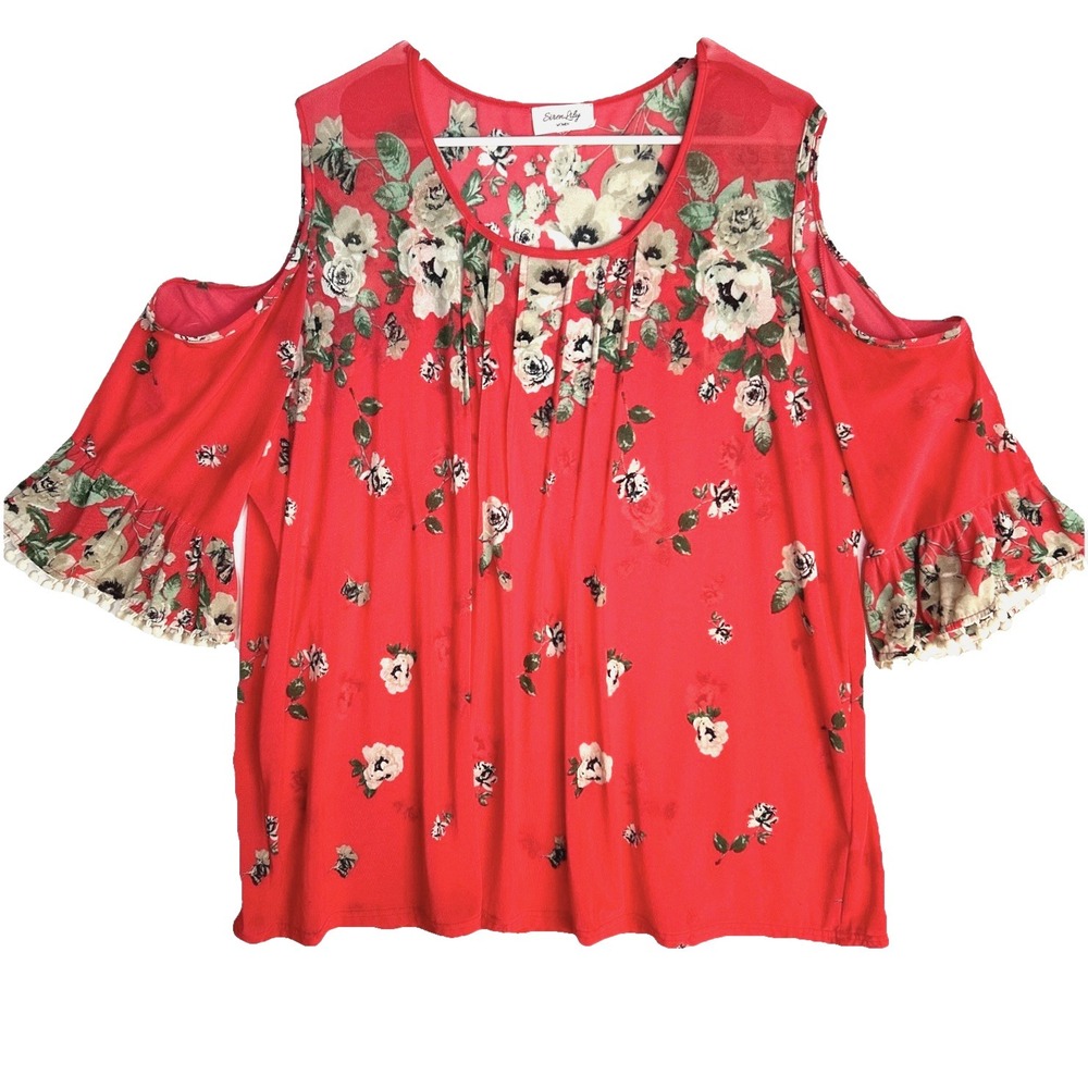 Floral Chiffon Pom Pom Trim Siren Lily Cold Shoulder Top Red Womens 1X 2X Plus